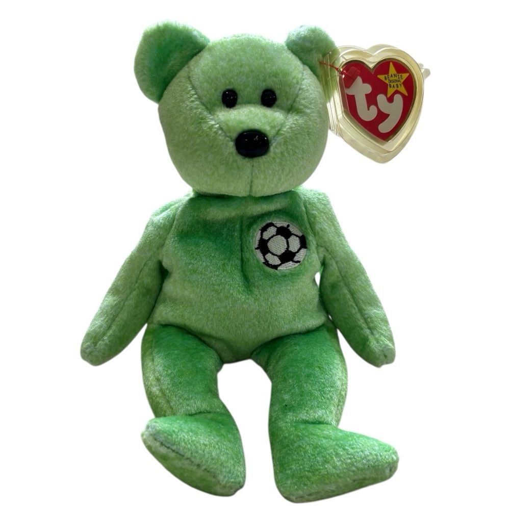 RARE Vintage Ty Beanie Baby Kicks Bear Green 1998 1999 Tag Errors Soccer